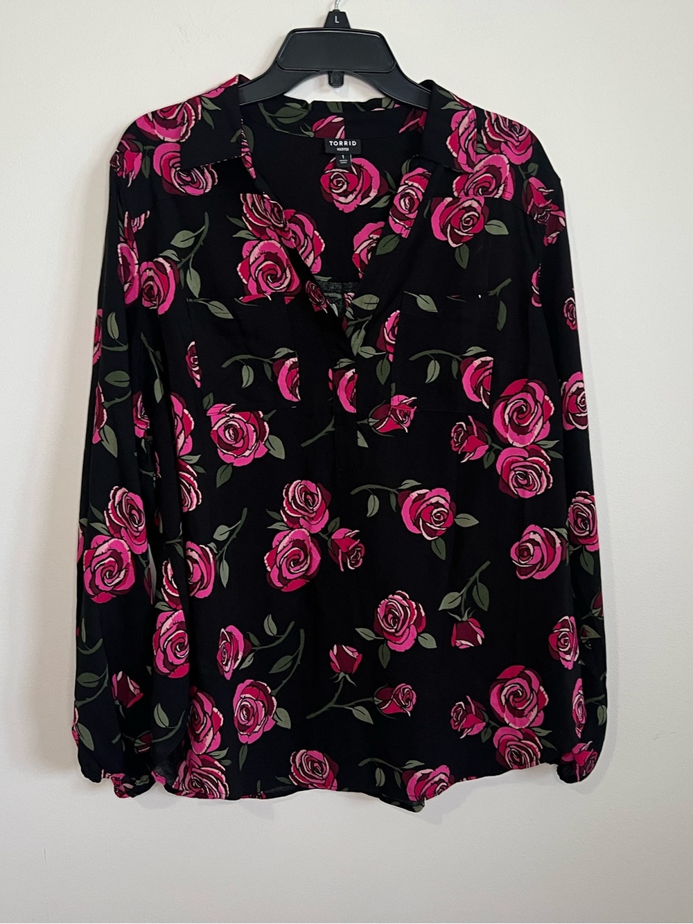 torrid Black Blouse with Hot Pink Rose Print
